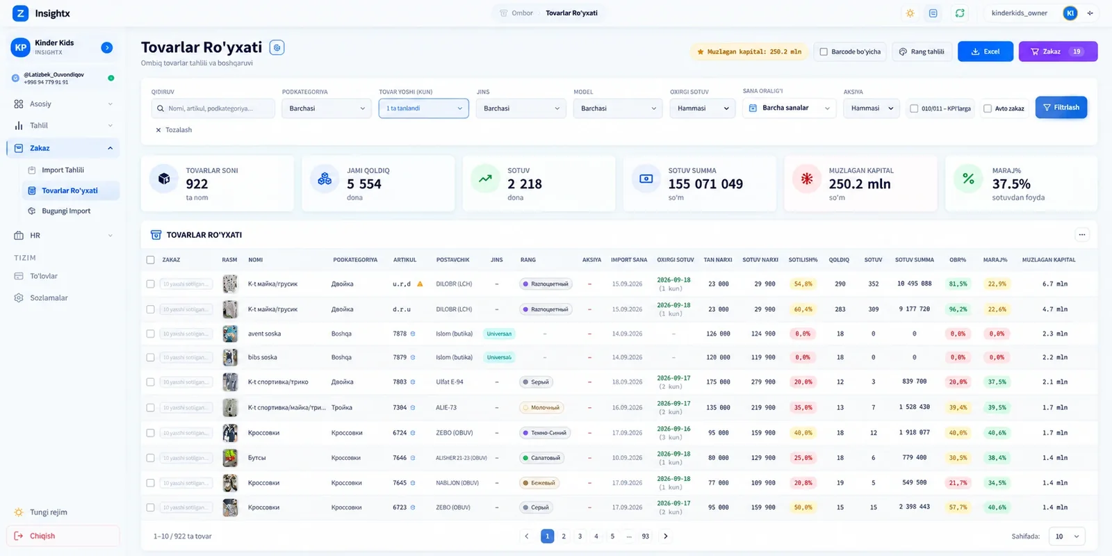 Insightx tovarlar ro'yxati — kunduzgi ko'rinish